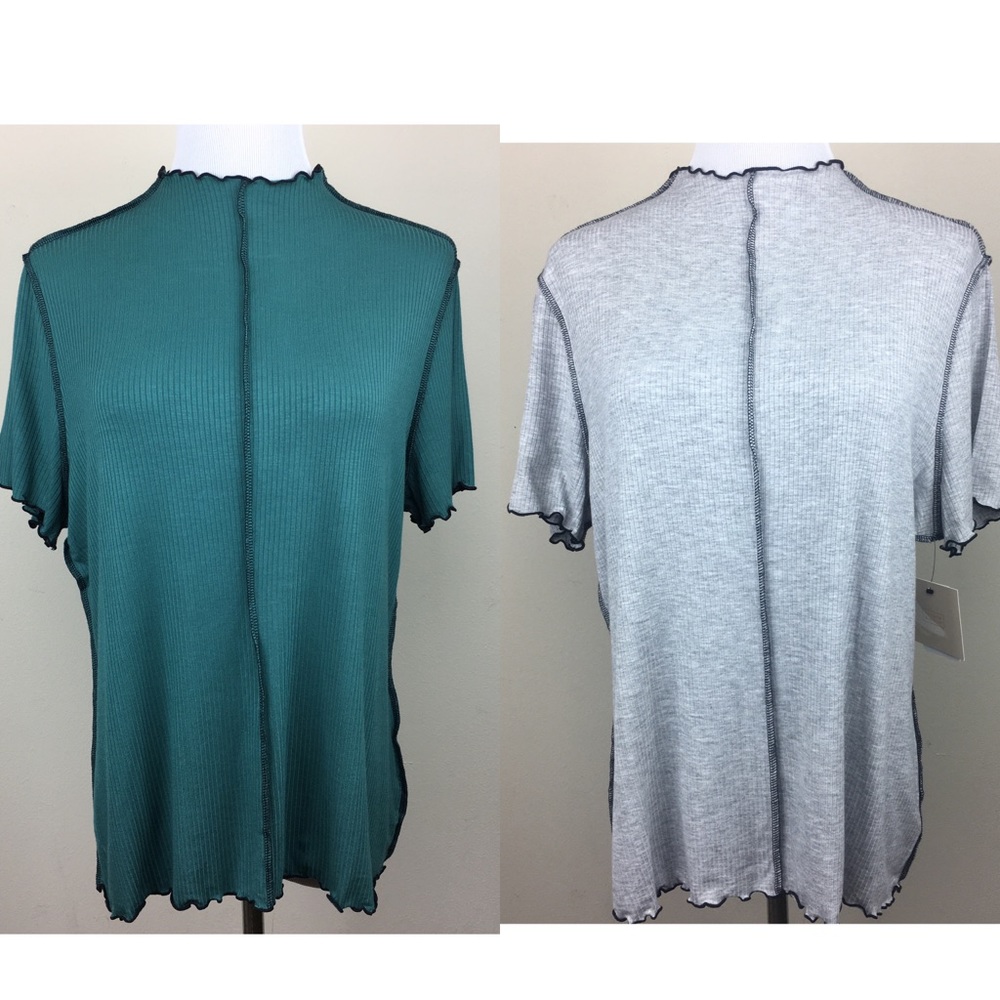 2 Bundle 14th Union Contrast Stitched Full Length Ruffle Shirt Teal Gray 90s.